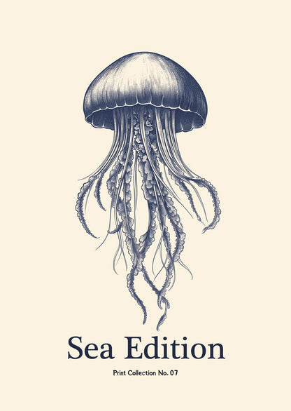 Affiche mer illustrant une méduse stylisée, en bleu sur fond crème