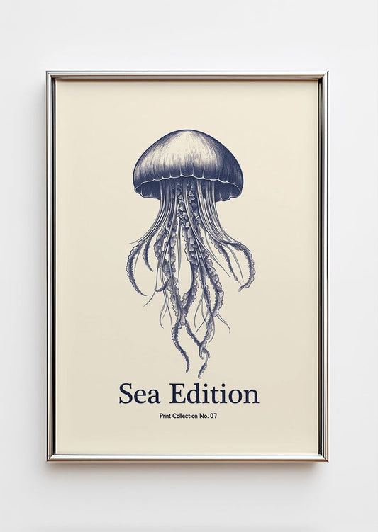 Poster mer illustrant une méduse en gravure bleu dans un cadre chrome
