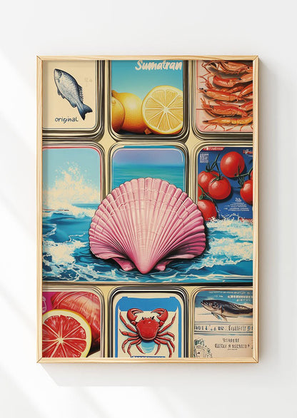Poster mer rétro d'un coquillage rose au milieu d'image marine, dans un cadre en bois