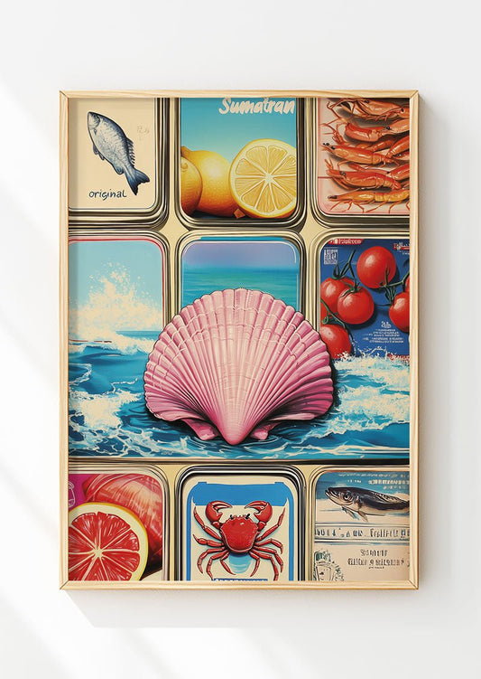 Poster mer rétro d'un coquillage rose au milieu d'image marine, dans un cadre en bois