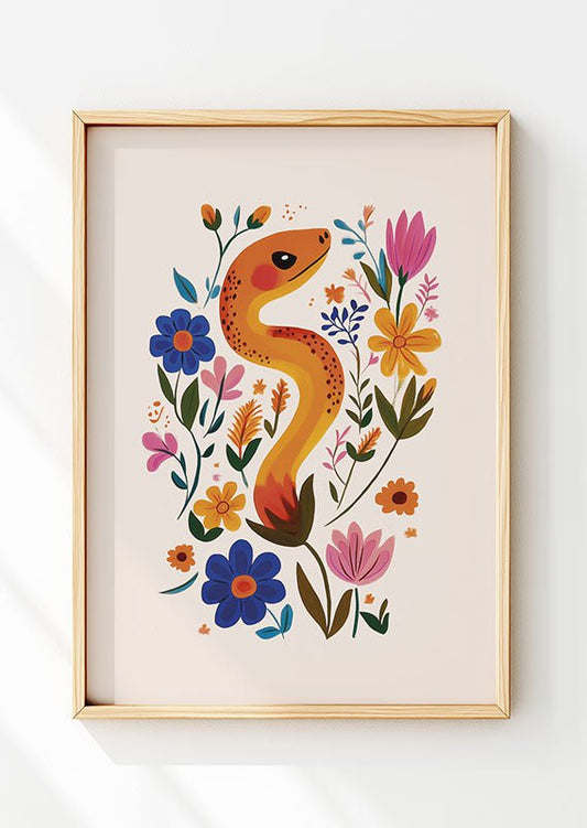 Affiche folk art dans un cadre en bois avec un dessin d'un serpent orange entouré de fleurs colorées