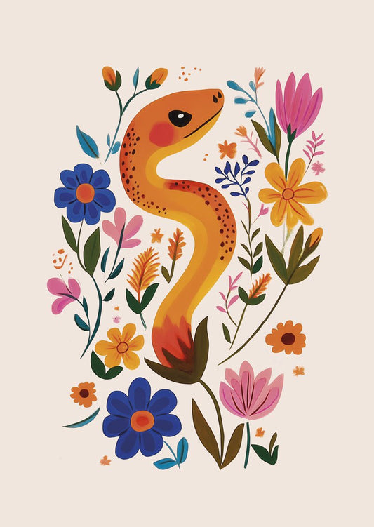 Affiche folk art d'une illustration d'un serpent orange entouré de fleurs colorées, fond crème