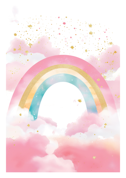 Affiche chambre enfant d'un arc en ciel et de nuages rose à paillettes.