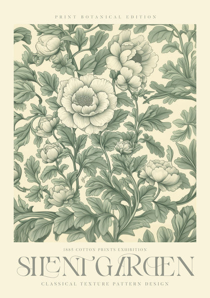 Affiche murale williams Morris présentant des fleurs couleur vert et écru, avec le titre "Silent garden".