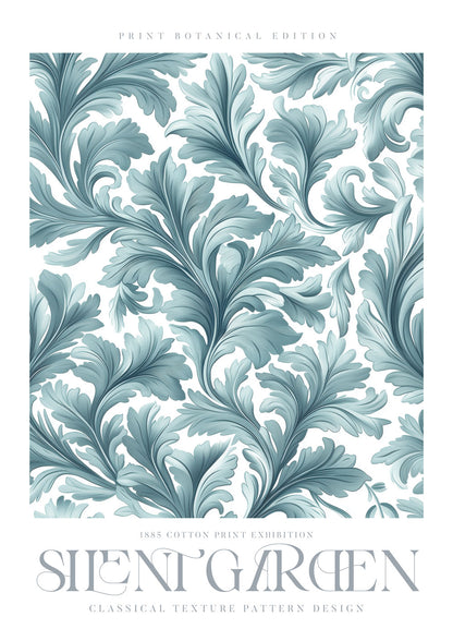 Affiche murale Williams Morris d'un feuillage bleu-gris sur un fond blanc avec le titre "Silent garden". 