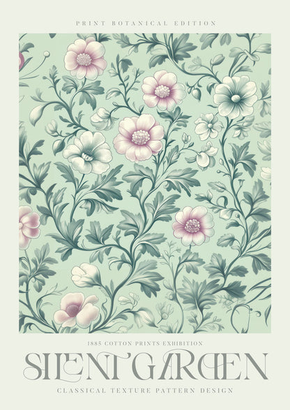 Affiche murale William Morris, des fleurs roses tendre et vert pâle sur fond vert clair  avec le titre "silent garden".