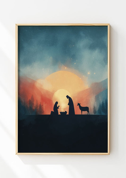 Affiche de noël représentant la nativité en silhouettes, mit dans un cadre en bois