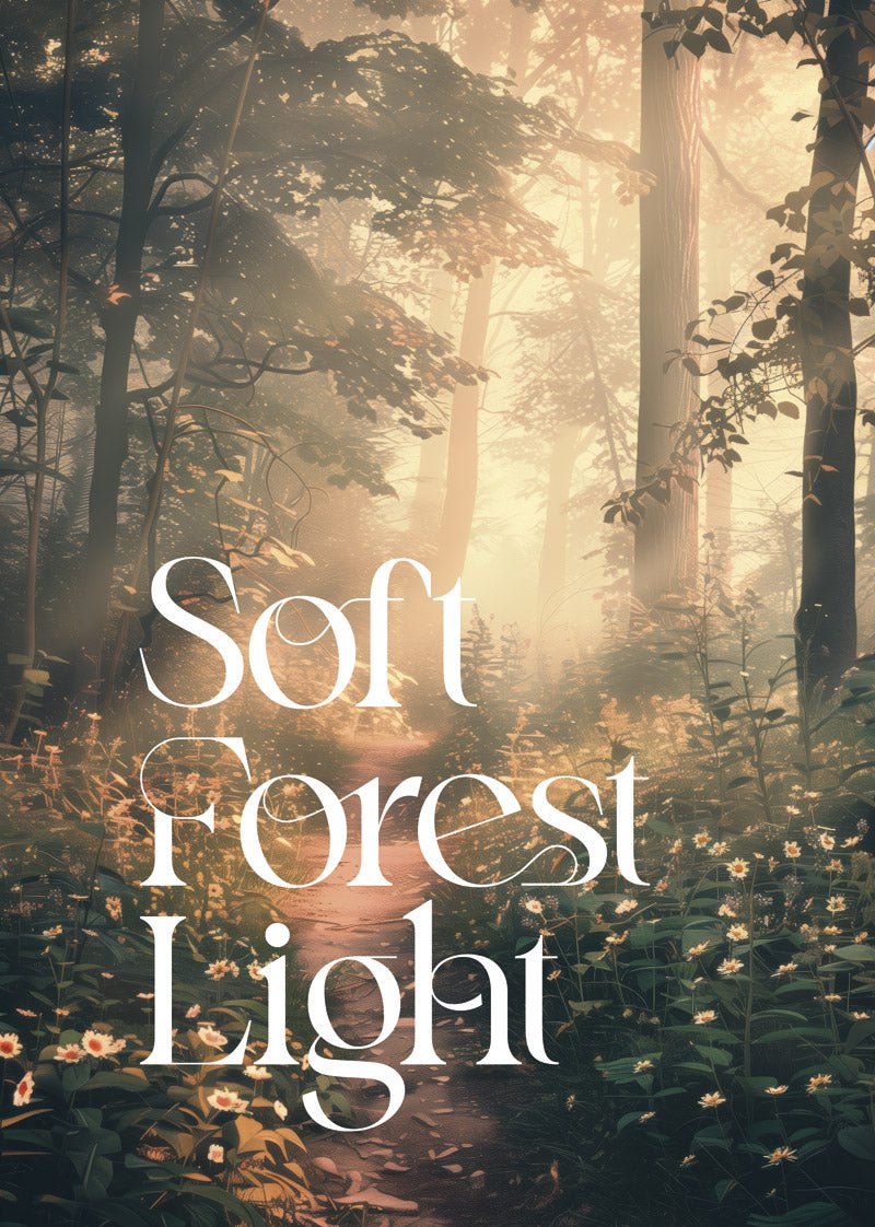 Affiche automne d'une illustration d'une forêt avec le texte "soft forest light" en blanc