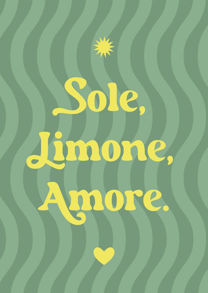 affiche citation italien sole, limone, amore sur fond vert sauge rayé ondulé