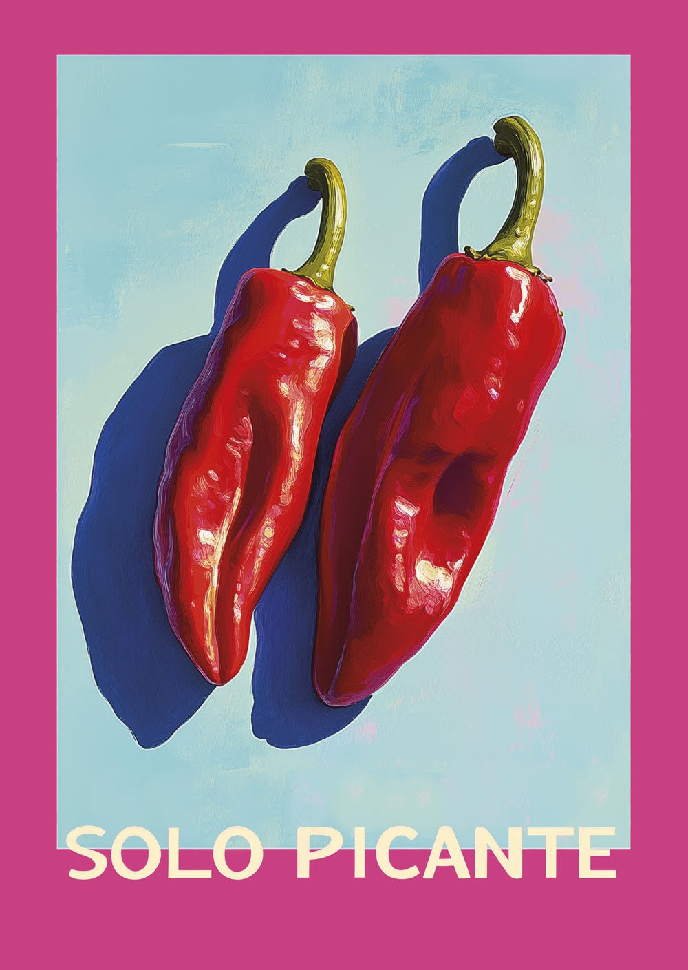 Affiche pour cuisine avec typo de deux piments rouge sur fond bleu et rose
