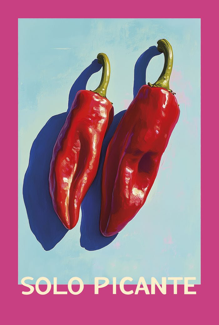 Poster piments double, sur fond bleu et rose