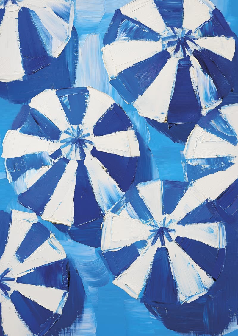 Affiche mer et plage représentant des parasols vus du dessus, bleu et blanc