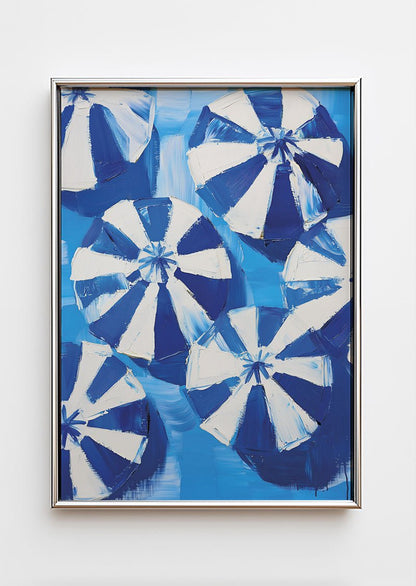 Poster mer et plage d'une peinture au couteau de parasols bleu en vue aérienne dans un cadre