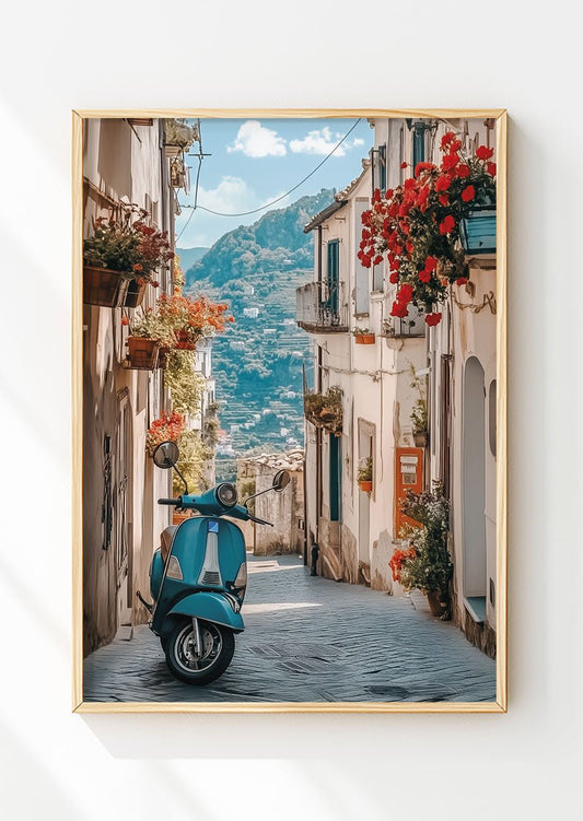 Poster photo été italie d'une ruelle pittoresque a Amalfi, avec un vespa bleu dans un cadre bois