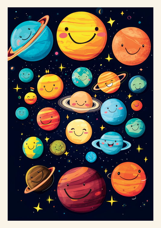 Affiche chambre enfant de nombreuses planètes colorées sur fond noir.