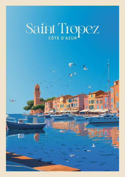 Affiche vintage illustrant la ville de Saint-Tropez vue du port.