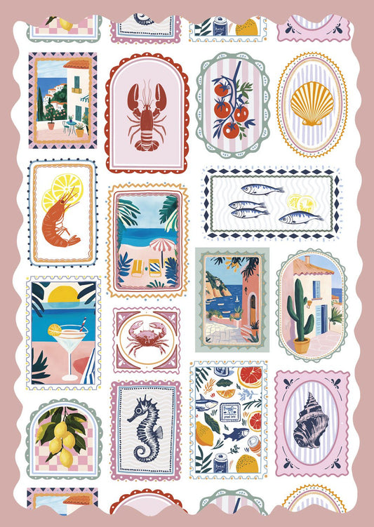 Affiche été d'un patchwork de coquillages et crustacés avec bordure ondulée rose.