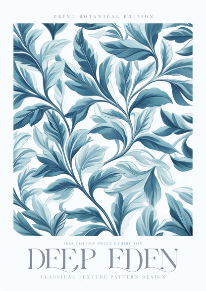 Une affiche murale style William Morris d'un feuillage turquoise sur un fond blanc  avec le texte "Deep Eden".