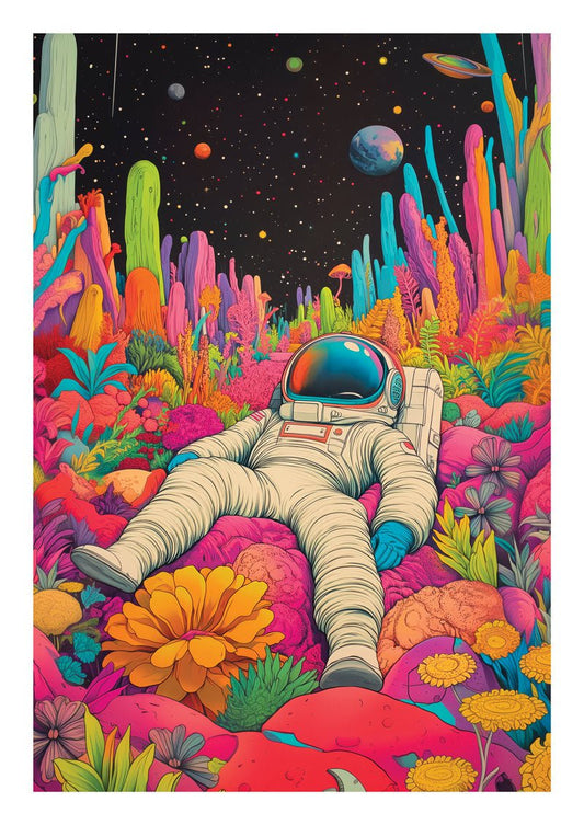 Affiche murale pop-culture représentant un cosmonaute allongé dans un champ de fleurs, sur une planète, illustration colorée et onirique.