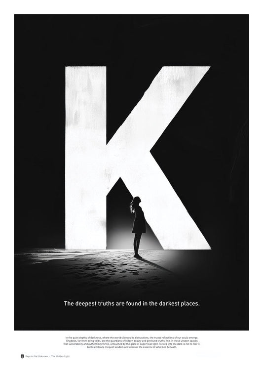 Poster mural de la lettre K en blanc sur fond noir, avec un texte philosophique. Une femme est debout dans l'ombre