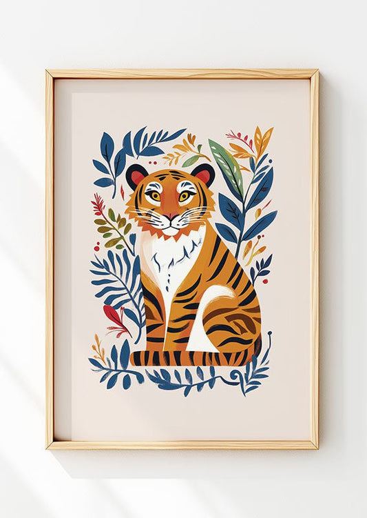 Affiche folk art d'un dessin de tigre entourée de feuilles encadrée dans un cadre en bois