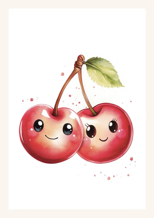 Affiche pour chambre bébé d'un duo de cerises souriantes pastel sur fond clair.