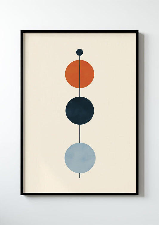 Poster mural contemporain dequatre cercles oranger et bleu peint, alignées sur une ligne dans un cadre.