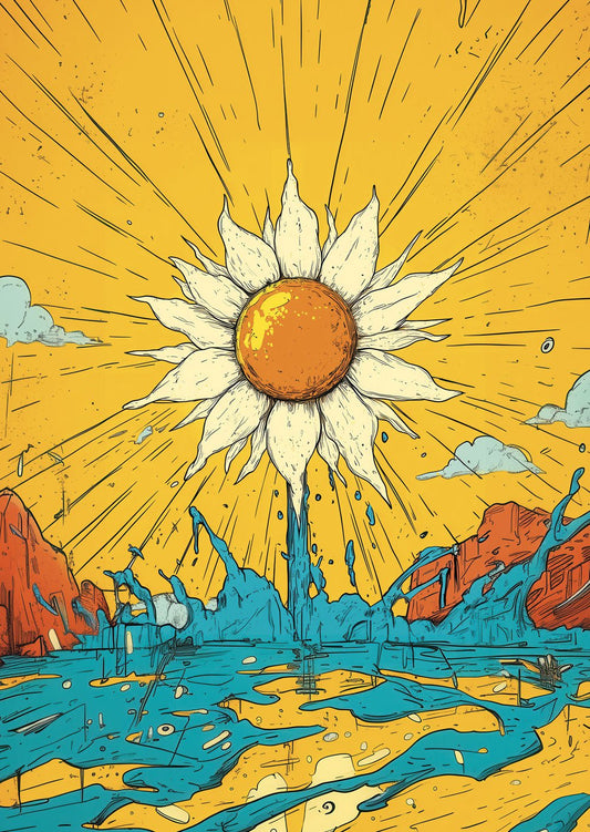 Affiche illustration vintage pop tournesol au style "comics", teintes vives de jaune et de bleu.