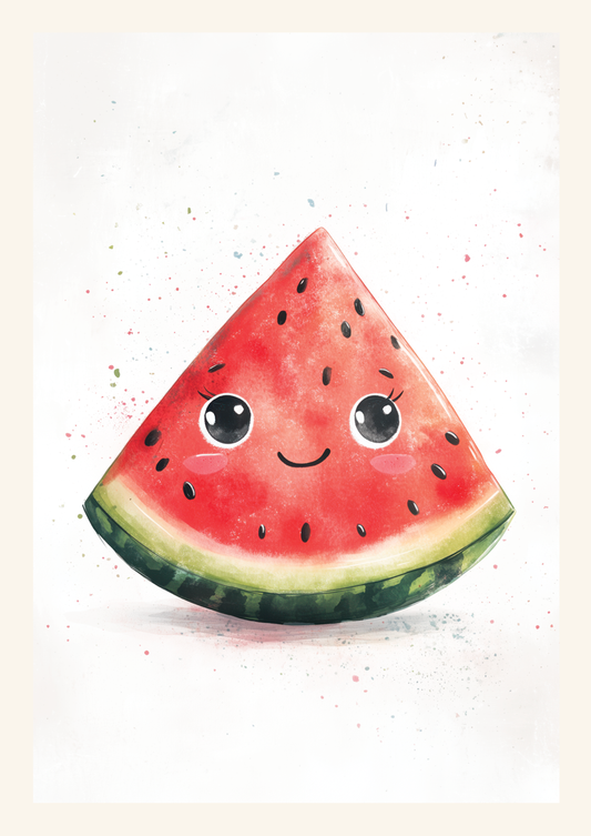 Affiche pour chambre bébé d'une pastèque souriante à l'aquarelle, sur fond blanc.