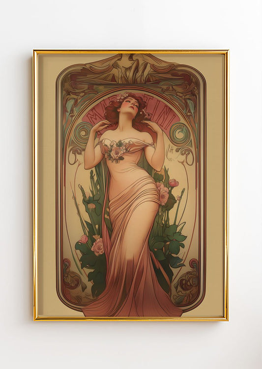 Poster art déco 1930 représentant une femme dans une reclam pour le martini, dans un cadre or.