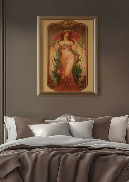Affiche inspirée d'Alfons Mucha, pour le Vermouth, encadrée dans une chambre couleur moka.