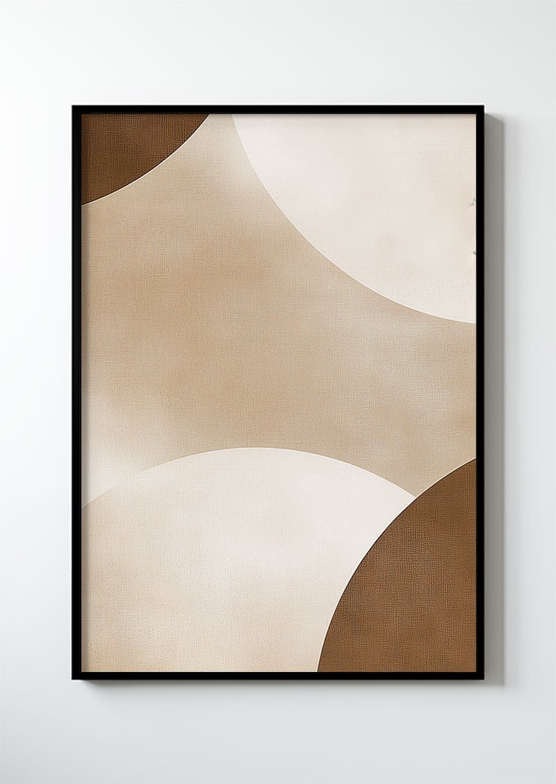 Poster contemporain avec de cercles peint de couleur terre de sienne dans un cadre noir.