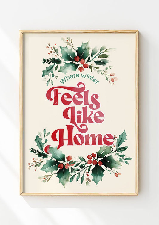 Affiche de noel réalisée à l'aquarelle de branches de houx avec typographie rouge, dans un cadre