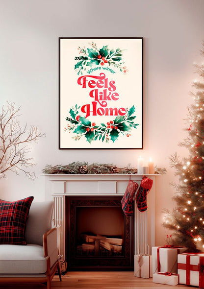 Affiche de noel d'une aquarelle de branches de houx avec texte encadrée dans un salon