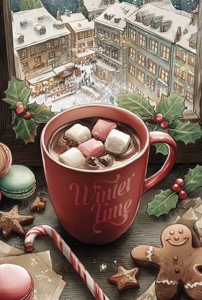 Affiche hiver illustrant une boisson chaude et une ville enneigée en format 40x60cm