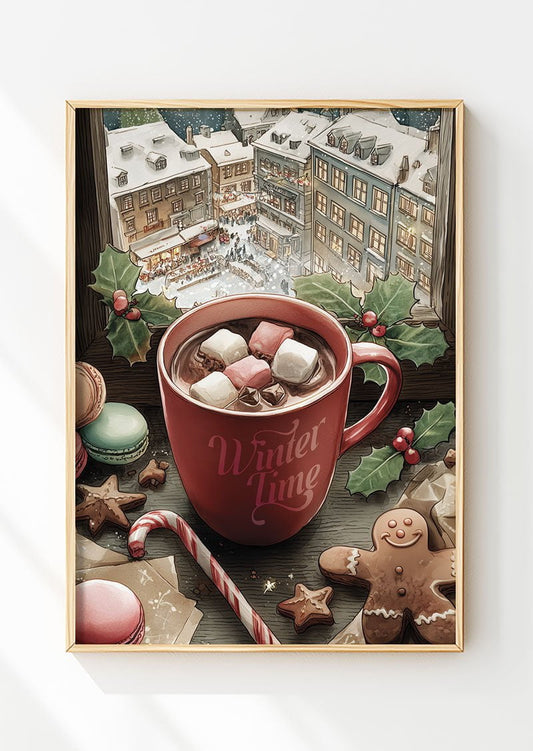 Affiche de noel illustrant une tasse de chocolat chaud devant une fenêtre, dans un cadre en bois