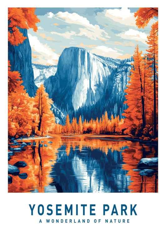 Affiche illustration d'un lac de Yosemite Park, aux teintes oranges et bleues.