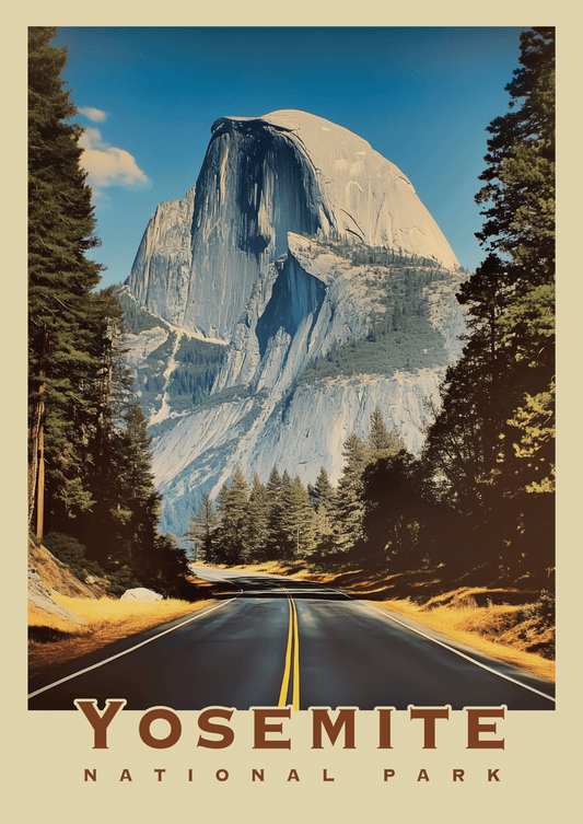 Affiche vintage d'une route droite de Yosemite park, bordée d'arbres, vue sur une montagne.