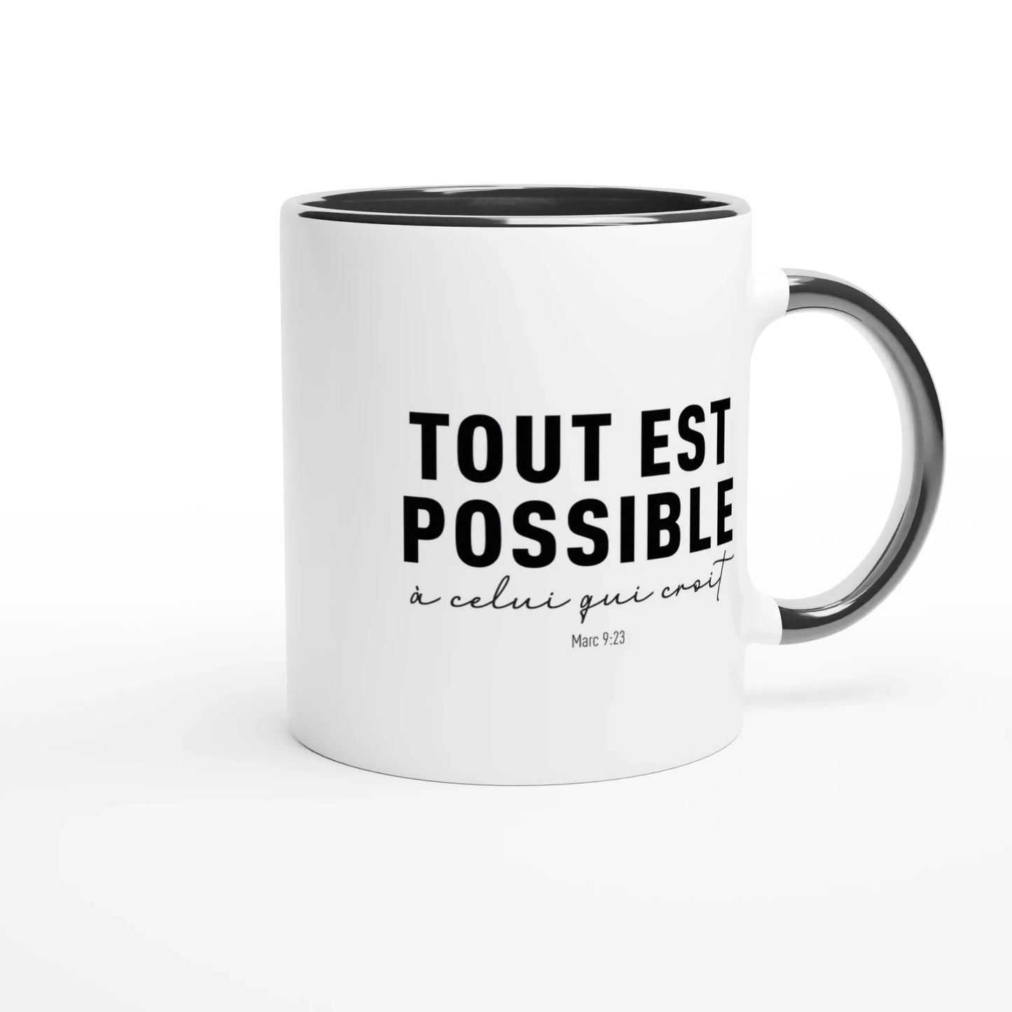 Mug chrétien avec l'intérieur, la anse et le texte en noir, et la céramique blanche