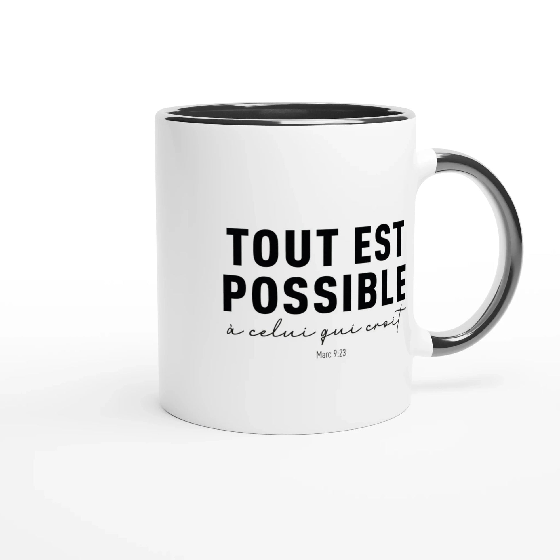 Mug chrétien avec l'intérieur, la anse et le texte en noir, et la céramique blanche