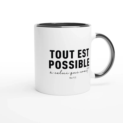Mug chrétien avec l'intérieur, la anse et le texte en noir, et la céramique blanche