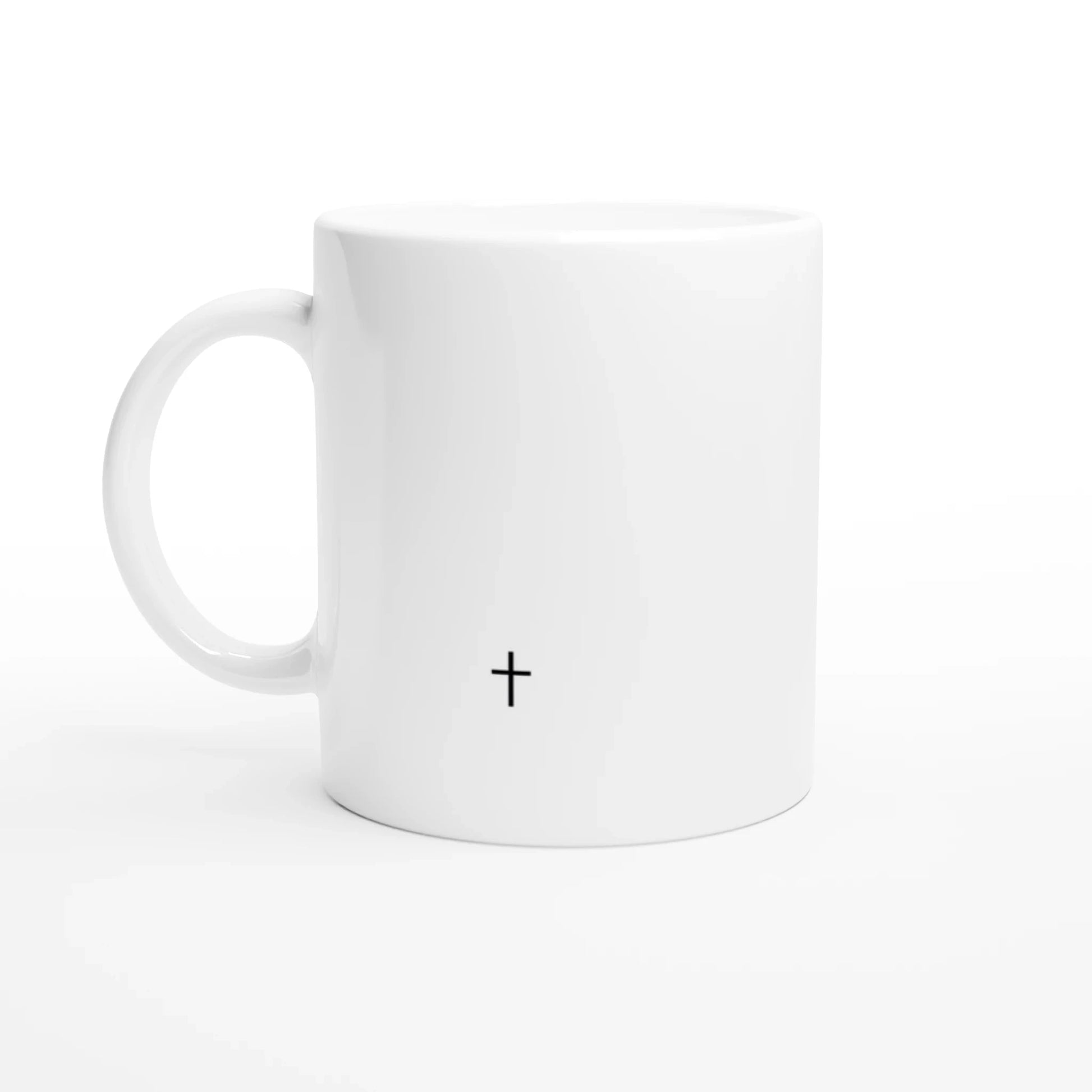 Mug chrétien blanc vu de dos, avec une croix chrétienne en bas 