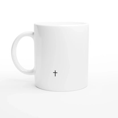 Mug chrétien blanc vu de dos, avec une croix chrétienne en bas 
