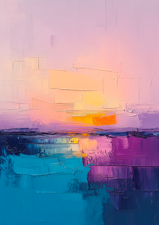 Affiche murale peinture abstraite d'un coucher de soleil sur la mer, tons violet et bleu