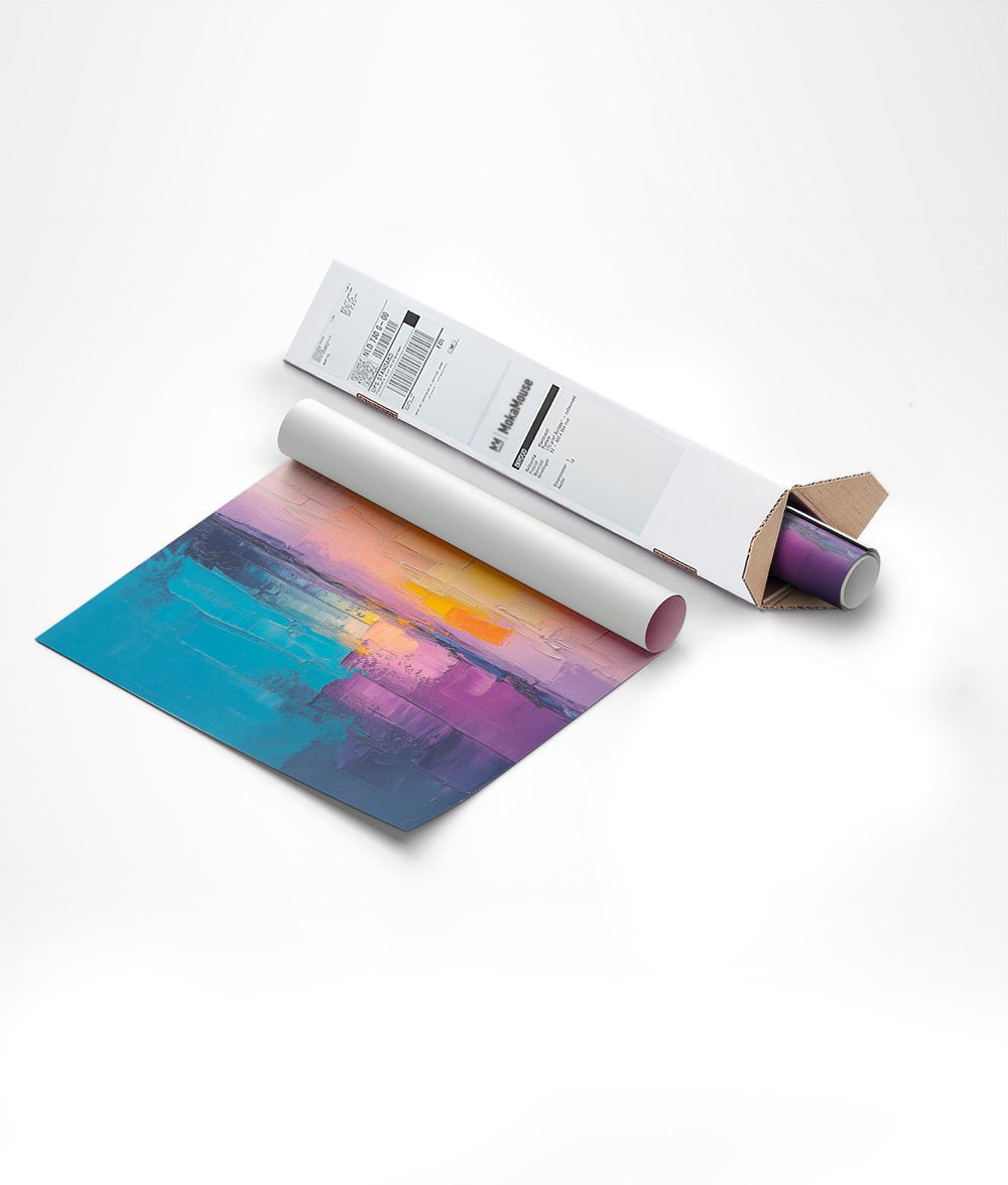 Affiche peinture coucher de soleil emballée dans un carton triangulaire.