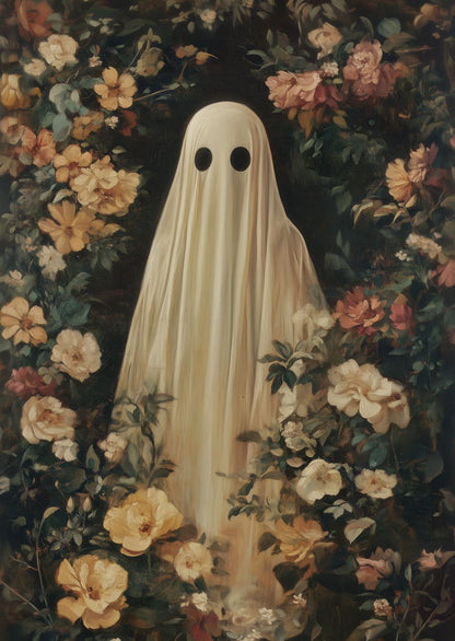 Affiche Décoration de cabinet de curiosités représentant une fantome dans une végétation colorée