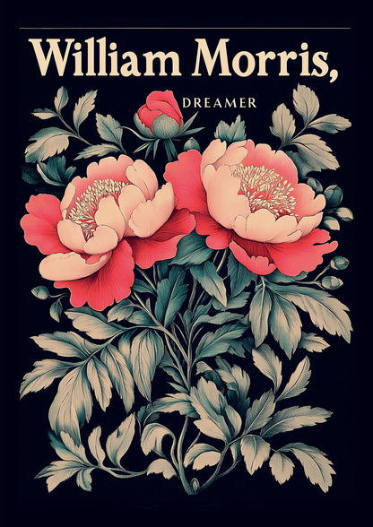 Une affiche inspirée des illustrations de William Morris représentant des pavots rouges éclatants sur un fond noir.