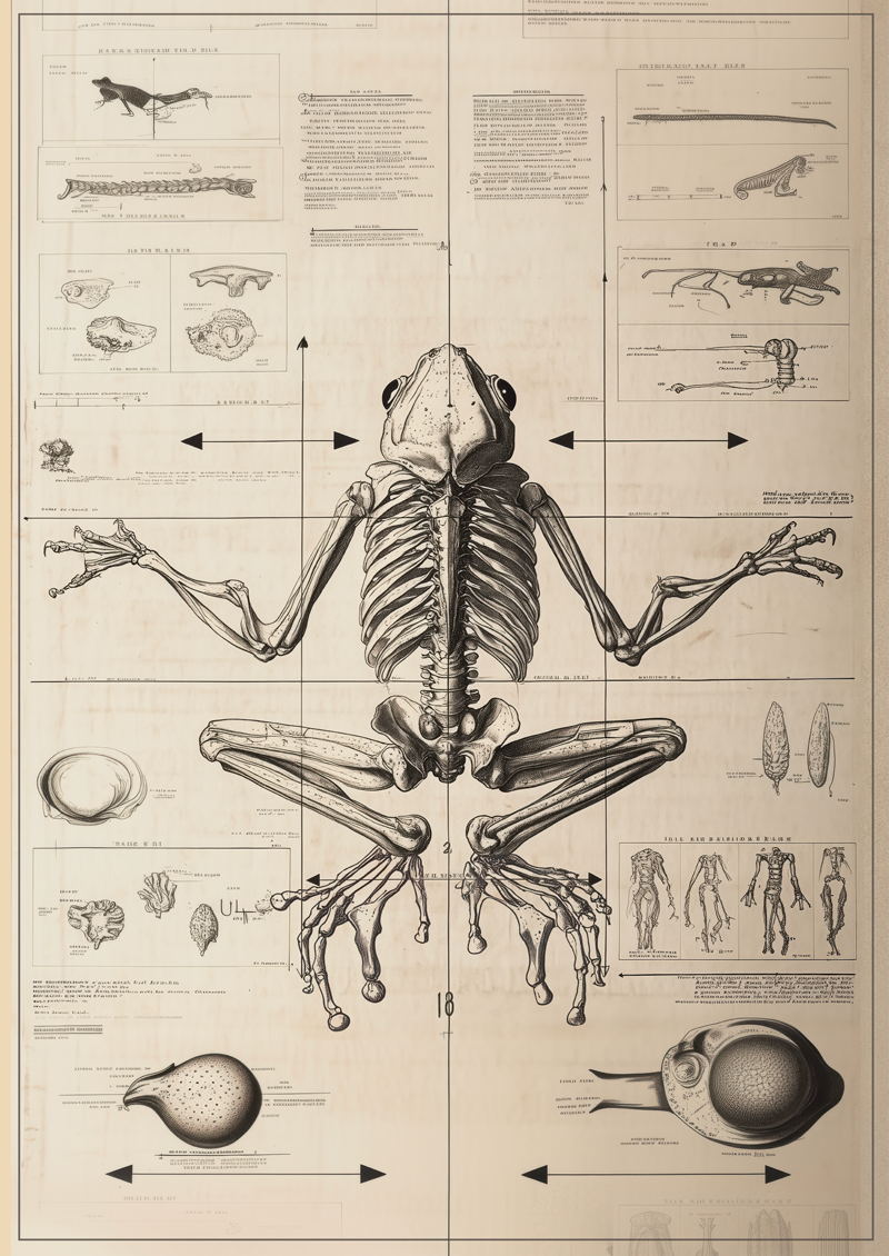 Affiche cabinet de curiosités schéma noir et blanc de l'anatomie d'une grenouille.