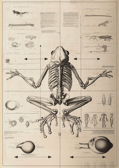 Affiche cabinet de curiosités schéma noir et blanc de l'anatomie d'une grenouille.