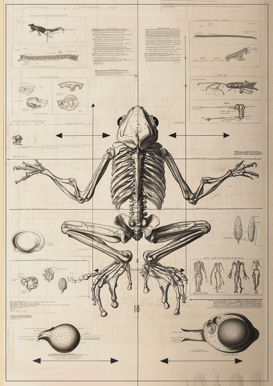 Affiche cabinet de curiosités schéma noir et blanc de l'anatomie d'une grenouille.